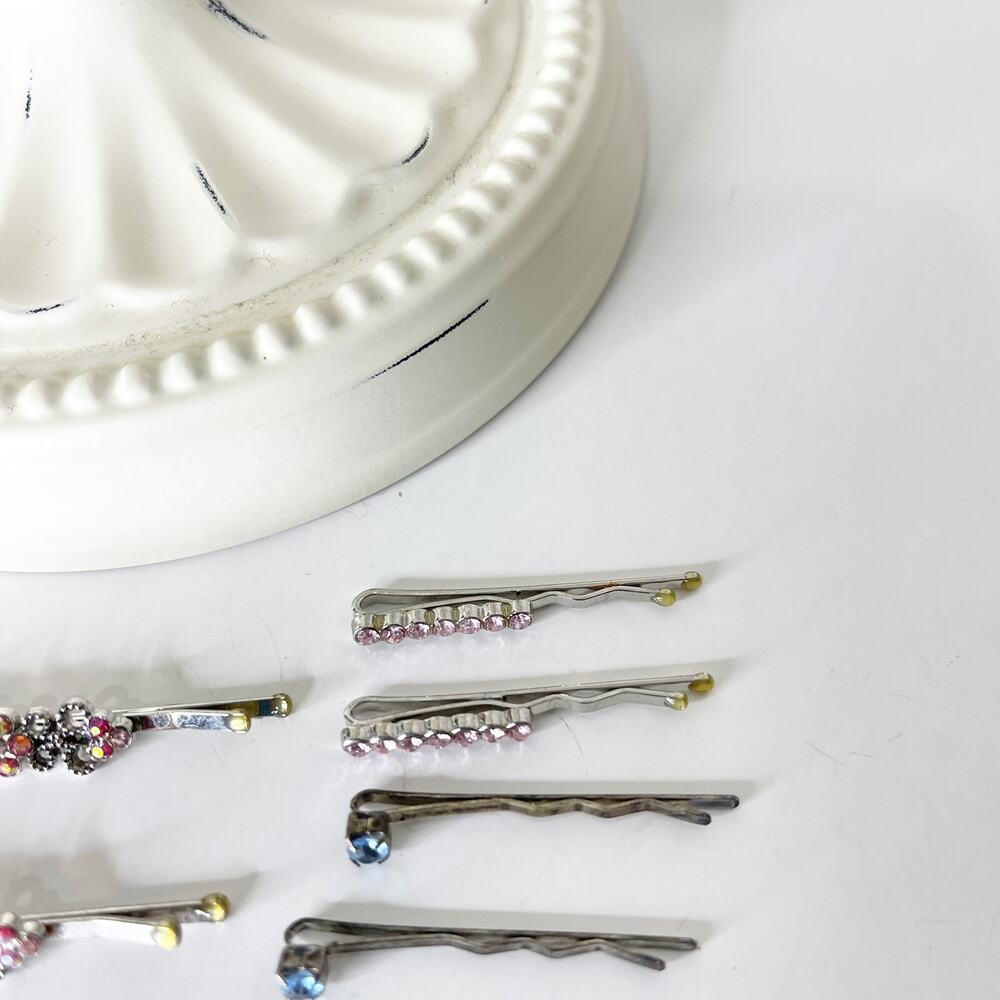 Lot of 7 Vintage Y2K Rhinestone Silver Bobby Pins 90s Fashion Glam Sparkle - Picture 4 of 16